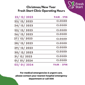 operating times over Christmas for Fresh Start Clinic.